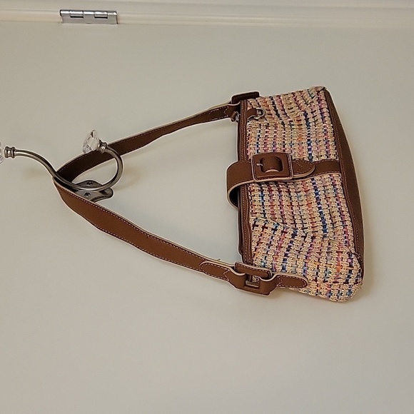 Vtg LIZ CLAIBORNE Y2k Pastel Rainbow Metallic Basket Tweed Carpet Baguette Bag - Picture 3 of 9